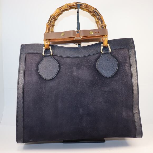 Vintage Gucci Diana Bamboo Handle Tote Bag Navy Suede w/ Custom Handle Shapers - Picture 1 of 11